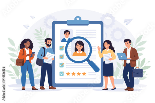 Human resources and recruitment concept with diverse job candidates applying for a position, featuring a large resume on a clipboard, magnifying glass, and people with laptops and documents.