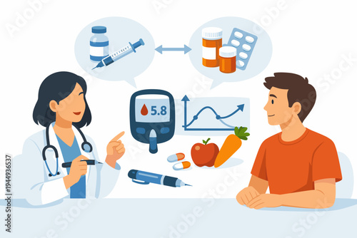 Female doctor consulting a male patient about diabetes management, showing glucose meter, insulin pen, syringe, medication, and healthy food for blood sugar control vector illustration.