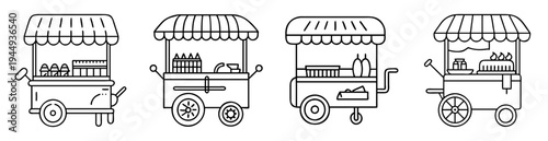 Four different food carts with various goods and wheel designs in outline