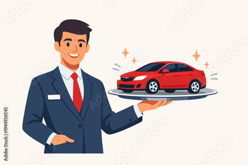 Professional Salesperson in a Suit and Tie Offering a Shiny New Red Car on a Silver Platter, Representing Premium Automotive Sales, Dealership Services, and Luxury Vehicle Delivery Concepts