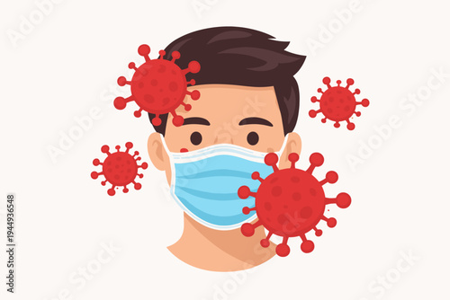Vector illustration of a man wearing a blue medical face mask for protection against coronavirus COVID-19 pandemic outbreak with red virus cells floating around his head in a simple flat style