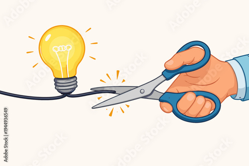 Vector Illustration of a Hand with Scissors Cutting a Wire Connected to a Glowing Lightbulb, Symbolizing the End of an Idea, Censorship, Power Cut, or Stopping Creative Thought and Innovation.