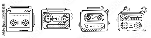 Collection of vintage cassette players, radio recorders in outlined doodle style