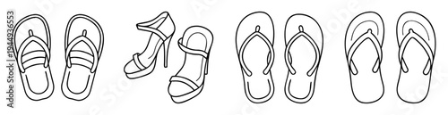 Black and white outlined illustration of assorted summer footwear designs