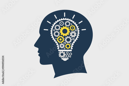 Profile silhouette of a human head with a light bulb containing interlocking gear mechanisms, symbolizing innovation, creative thinking, brainpower, mental process, and engineering intelligence.