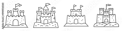 Simple outlined drawing of various sandcastles with flags isolated on white background
