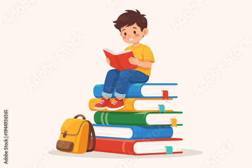 Vector illustration of a happy young boy sitting on a tall stack of colorful books and reading a red book with a yellow backpack nearby, representing education, learning, and childhood curiosity.