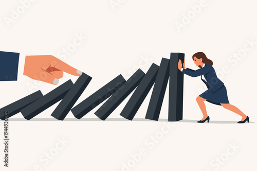 Businesswoman Trying to Stop Falling Dominoes Pushed by a Large Businessman Hand, Concept of Crisis Management, Risk Prevention, Resilience, and Problem Solving in Corporate Environment Vector