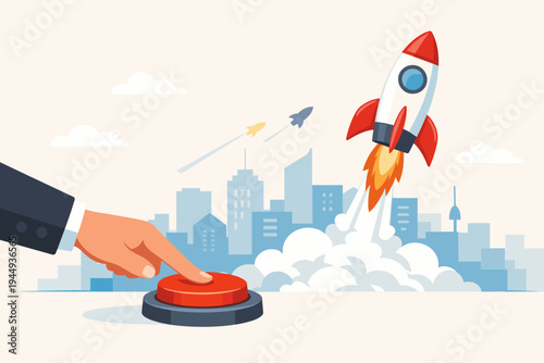 Businesswoman Hand Pressing Red Start Button to Launch Rocket Startup Concept with City Skyline Background, Symbolizing Growth, Innovation, Success, and New Project Kickoff in Corporate Global Market