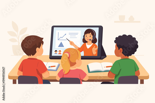 Vector illustration of diverse children sitting at a desk watching a female teacher explain a lesson during an online class on a tablet computer, remote learning, education, and homeschooling.