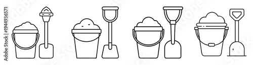 Black and White Line Art Depiction of Playful Beach Bucket Sets