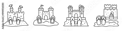 Line art illustration of different sand castles and flip flops on sand
