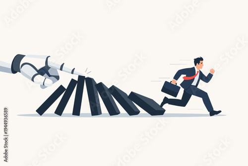 Robot hand pushing dominoes causing chain reaction while businessman runs away from falling effect, concept of artificial intelligence automation disrupting jobs and traditional business world