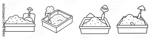 Black and white drawing of sandboxes with sand and shovels ready for playtime