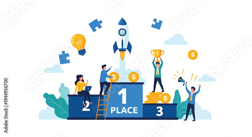 Set of 1 podium vector illustration with business people and success symbols