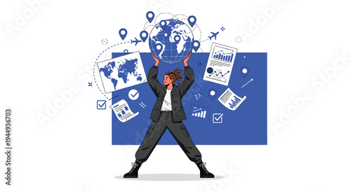 Vector illustration of businessman with global navigation icons