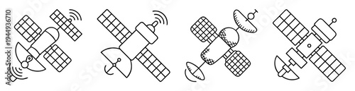 Line art illustration of satellite spacecrafts with solar panels and antennas