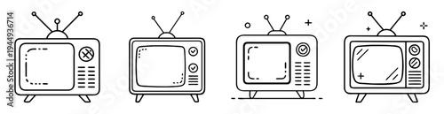 Retro television set collection with various design elements in black outline