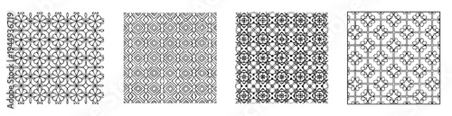 Four black and white patterned tile designs showcasing repetitive geometric motifs