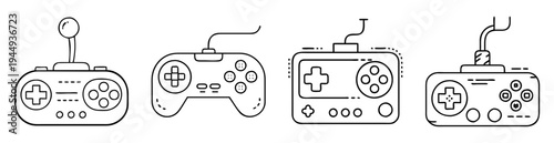 Four different vintage video game controllers outline black and white drawing