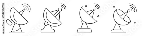 Four distinct antenna illustrations representing various communication and technology themes