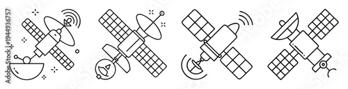 Illustration of communications satellite icons in black outline style on white backdrop