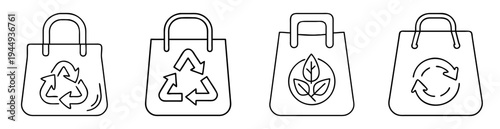 Four shopping bags with various recycling and eco friendly symbols depicted