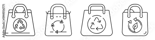 Four EcoFriendly Shopping Bags with Recycling Symbols in Black and White Line Art