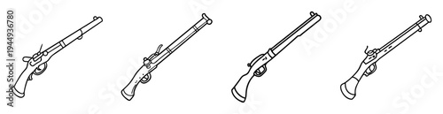 Various styles of a black and white flintlock rifle illustrations