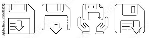 Set of icons representing floppy disk download, data storage and file saving
