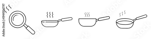 Four black and white illustrations of cooking pans, and one magnifying glass