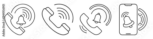 Incoming call notification line art illustration with handsets and notification bells