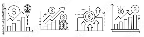 Financial growth chart with rising bar graphs and upward trending arrows