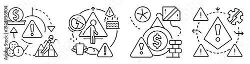 Four symbolic line art depictions of hazard, risk, challenges, and potential threats