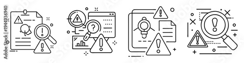 Line art illustration depicting error, bug, warning, and investigation processes, clean design