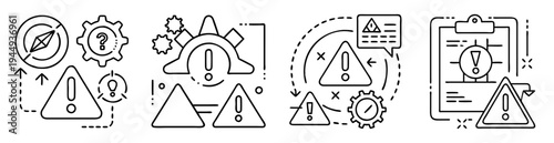 Various warning icons combined featuring compass, gears, and clipboard
