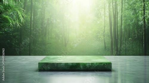Green Stone Platform with Lush Green Forest Background and Soft Natural Light