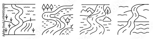 Linear representations of diverse landscapes with rivers, trees and other elements