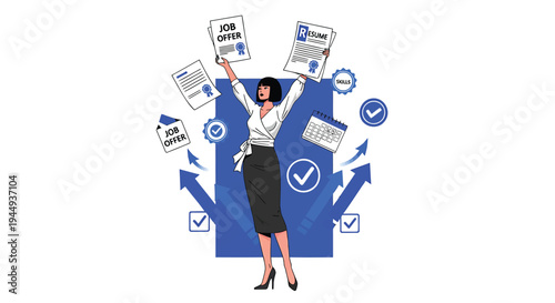 Vector illustration of a woman with documents and checkmarks