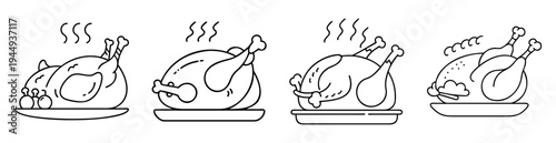 Four cartoon style drawings of freshly cooked turkey on platter illustration