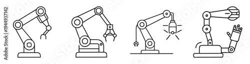 Collection of four stylized robotic arms illustrations in simple black line art