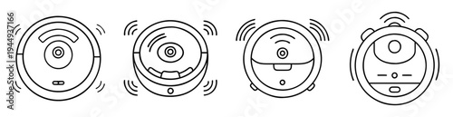 Line art illustration showcasing four different models of robotic vacuum cleaners