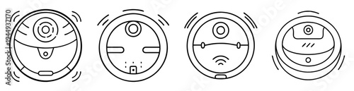 Four different modern robot vacuum cleaners represented with simple line drawings