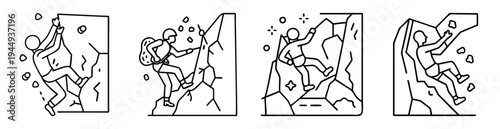 Four different outlines of stick figures rock climbing on a white background
