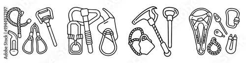 Collection of various climbing gear outlines, including ropes, carabiners and ice axes