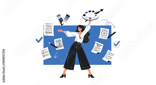 Vector illustration of a stressed businesswoman with paperwork and deadlines