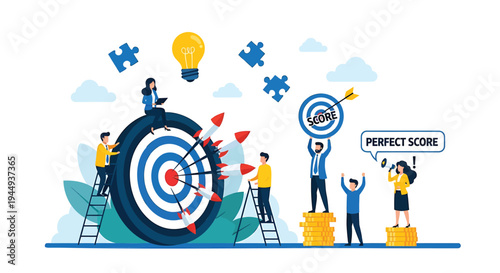 Vector illustration of business people achieving perfect score with target and teamwork