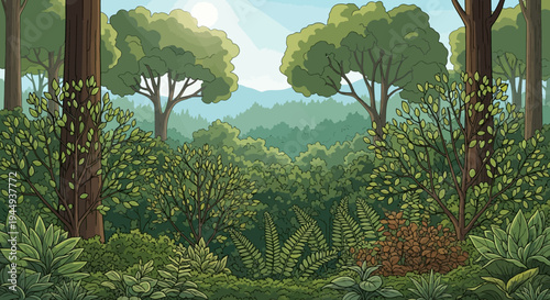 Trees and foliage in forest landscape.