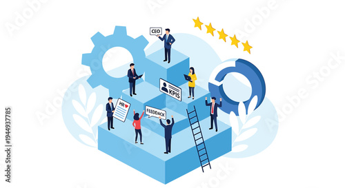 Vector illustration of business team working on 3D blocks with gear and rating stars