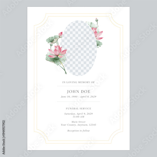 Minimalist funeral invitation featuring watercolor-style pink lotus flowers, gold frame and an oval photo placeholder on a white background